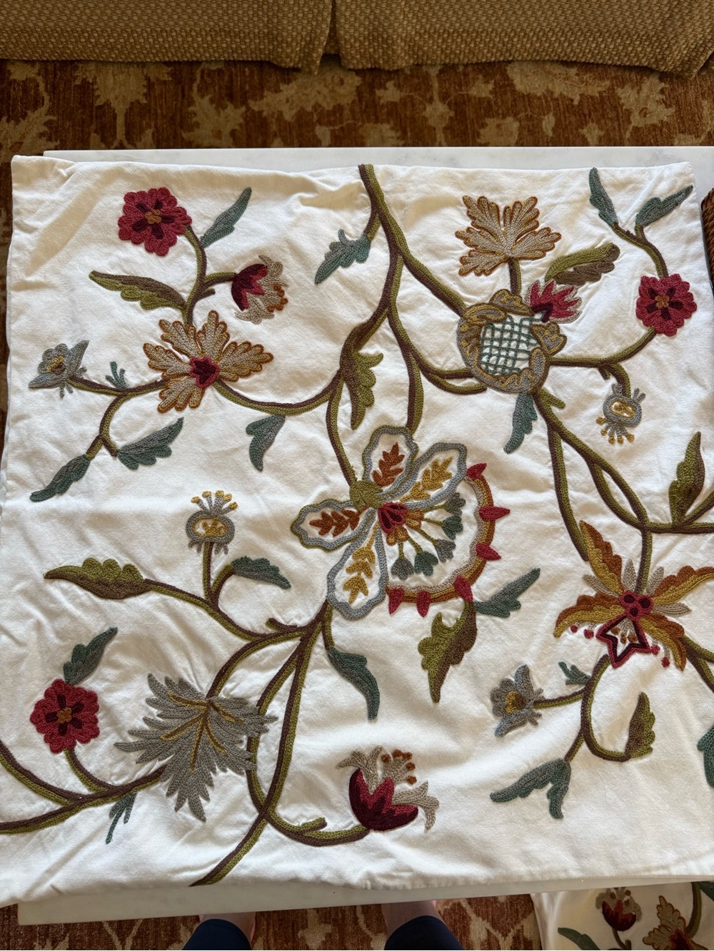 Embroidered Floral pillow covers 24"x24" in Cream w/Red, Green & Gold Accents
